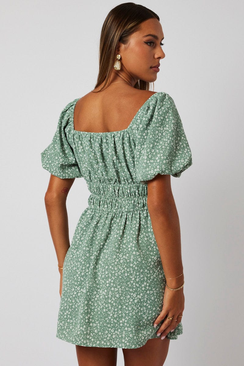 Green Ditsy Fit And Flare Dress Puff Sleeve Mini for Ally Fashion