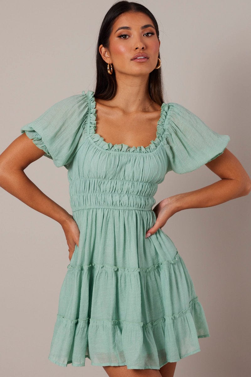 Green Fit And Flare Dress Puff Sleeve for Ally Fashion