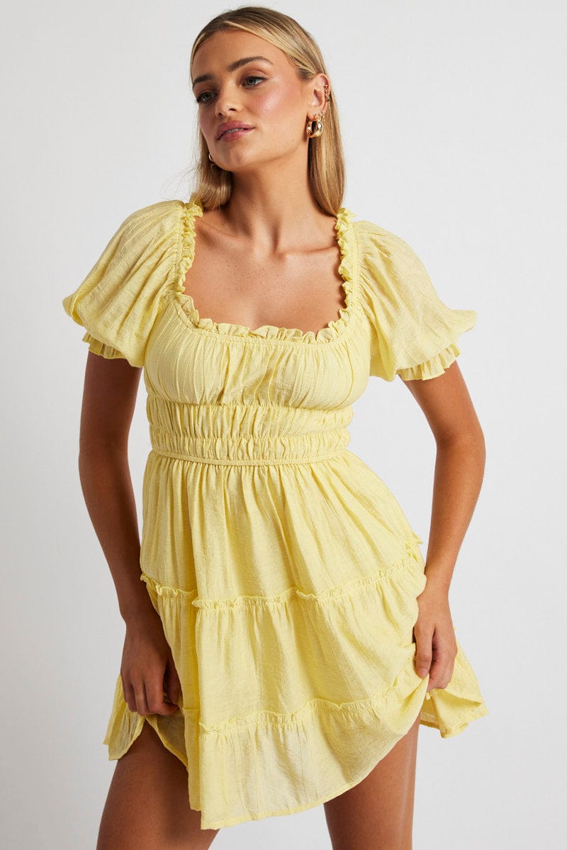 Yellow Fit And Flare Dress Puff Sleeve for Ally Fashion