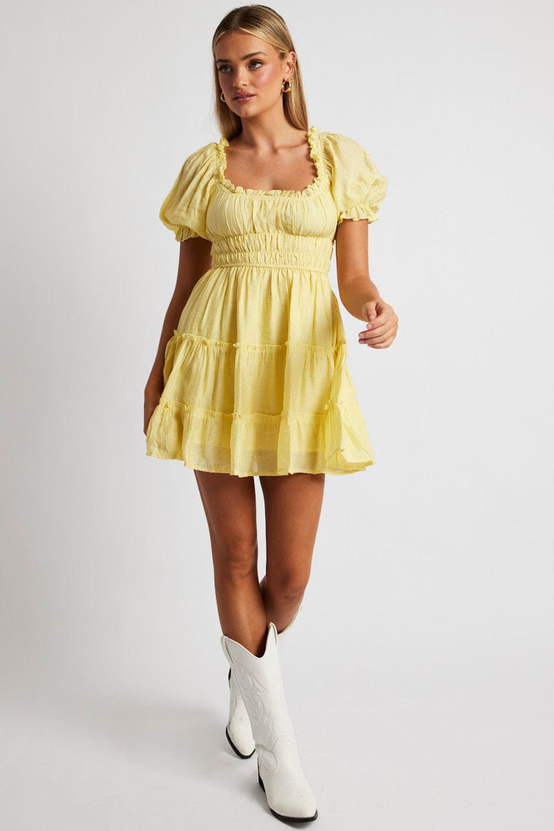 Yellow fit and flare dress sales with sleeves