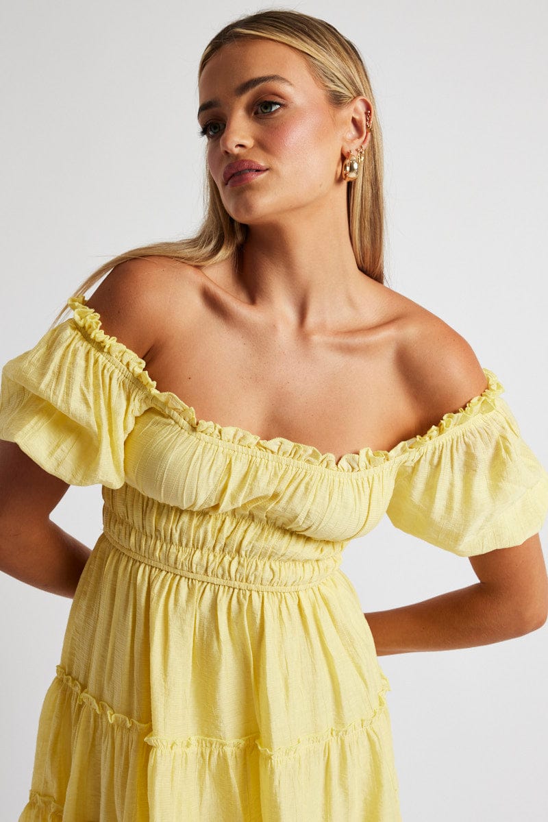 Yellow Fit And Flare Dress Puff Sleeve for Ally Fashion