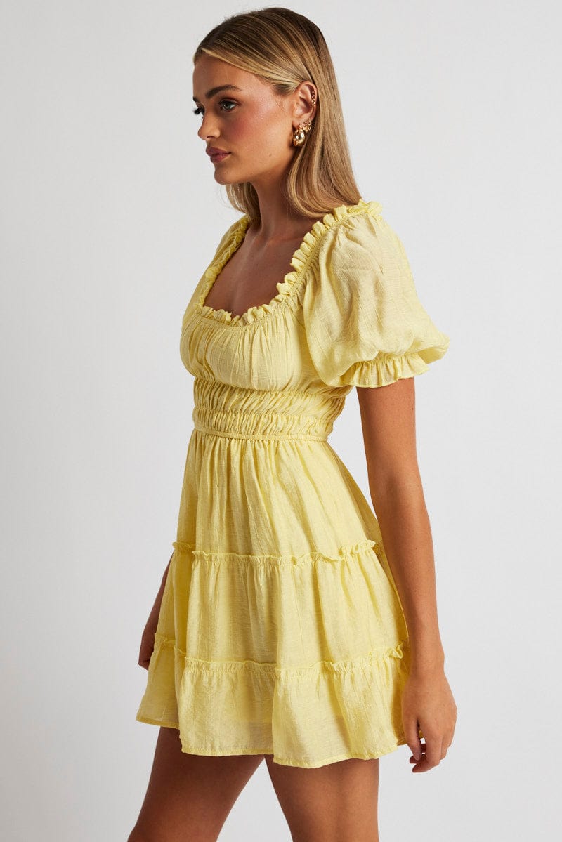 Yellow Fit And Flare Dress Puff Sleeve for Ally Fashion