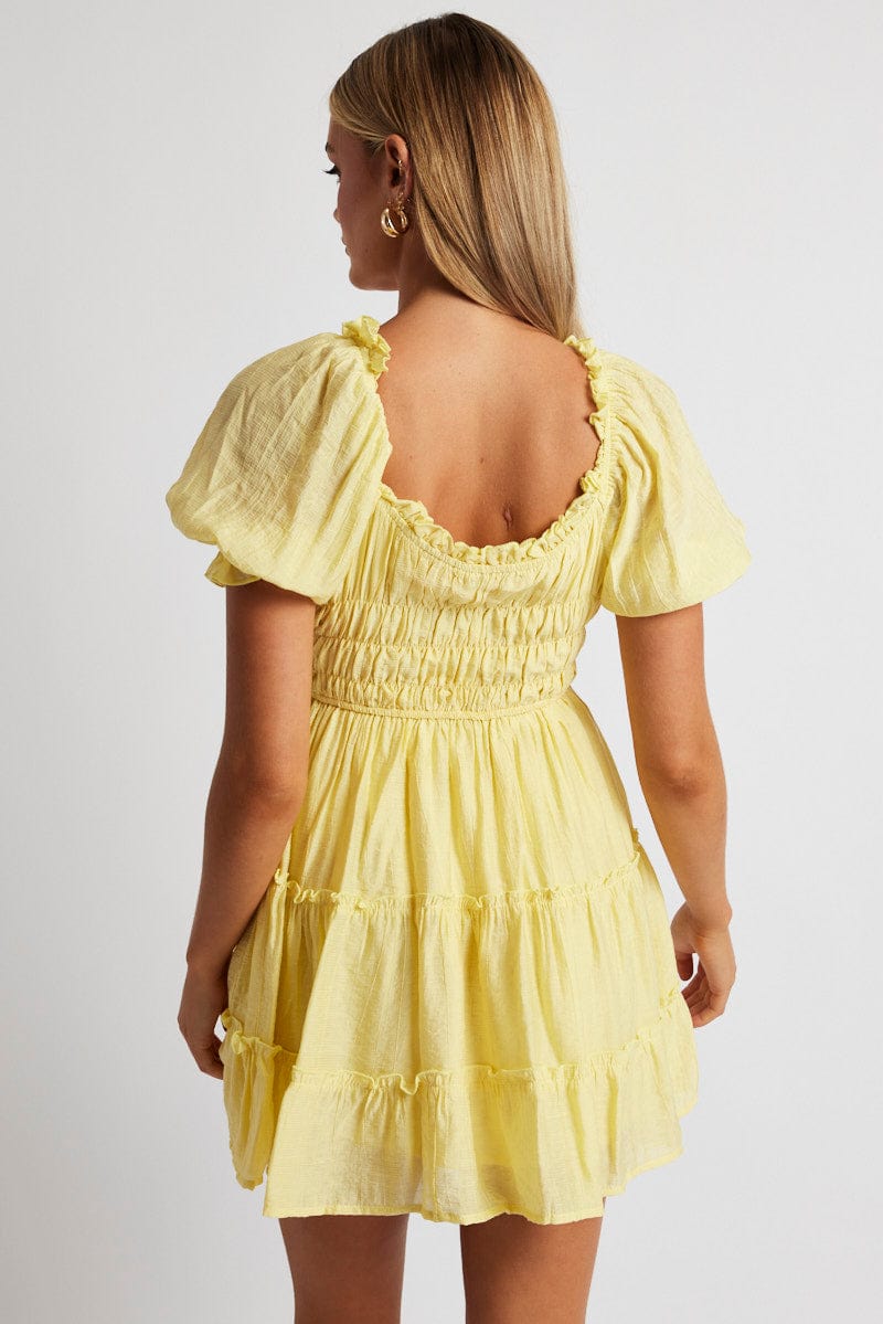 Yellow Fit And Flare Dress Puff Sleeve for Ally Fashion