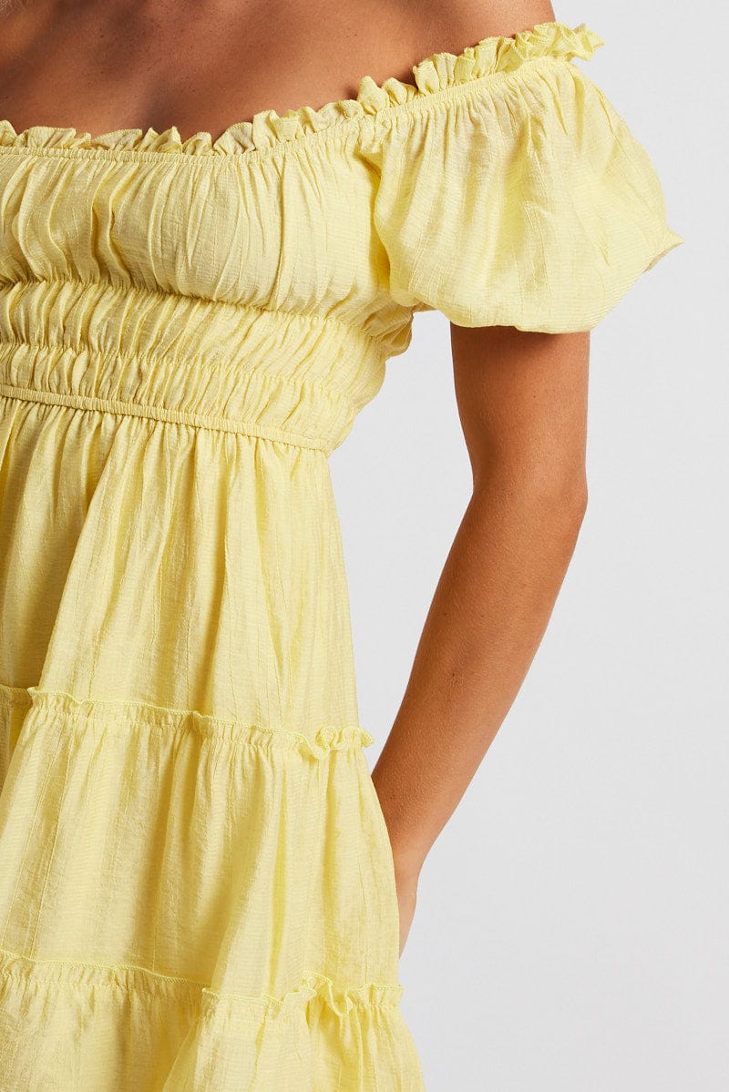 Yellow Fit And Flare Dress Puff Sleeve for Ally Fashion