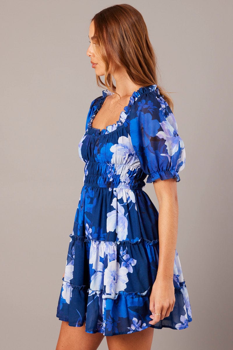 Blue Floral Fit And Flare Dress Puff Sleeve for Ally Fashion