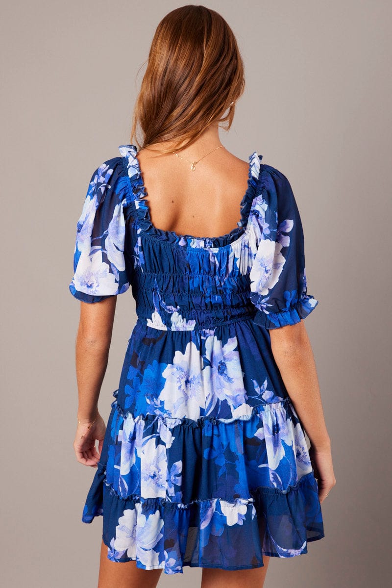 Blue Floral Fit And Flare Dress Puff Sleeve for Ally Fashion