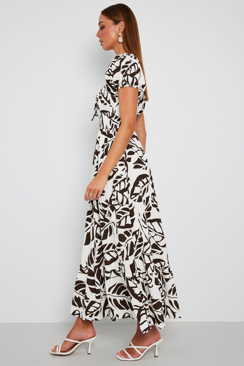 Brown Abstract Maxi Dress Puff Sleeve for Ally Fashion