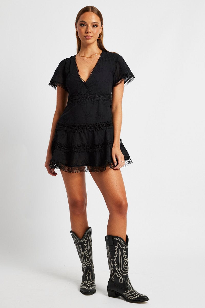 Black Fit And Flare Dress Short Sleeve Mini for Ally Fashion