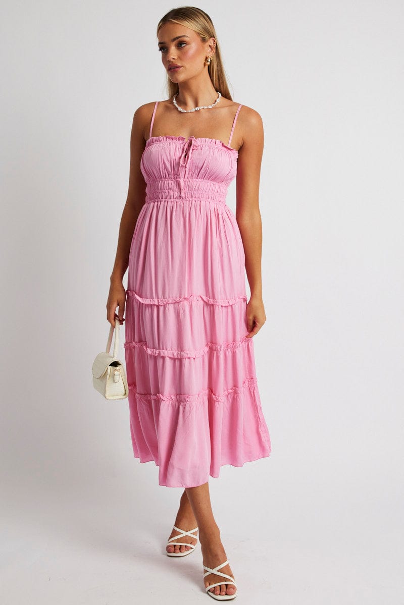 Pink Midi Dress Strappy Gathered Bust for Ally Fashion