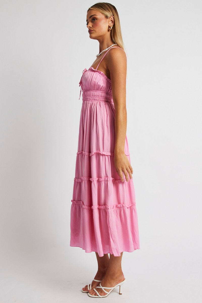 Pink Midi Dress Strappy Gathered Bust for Ally Fashion