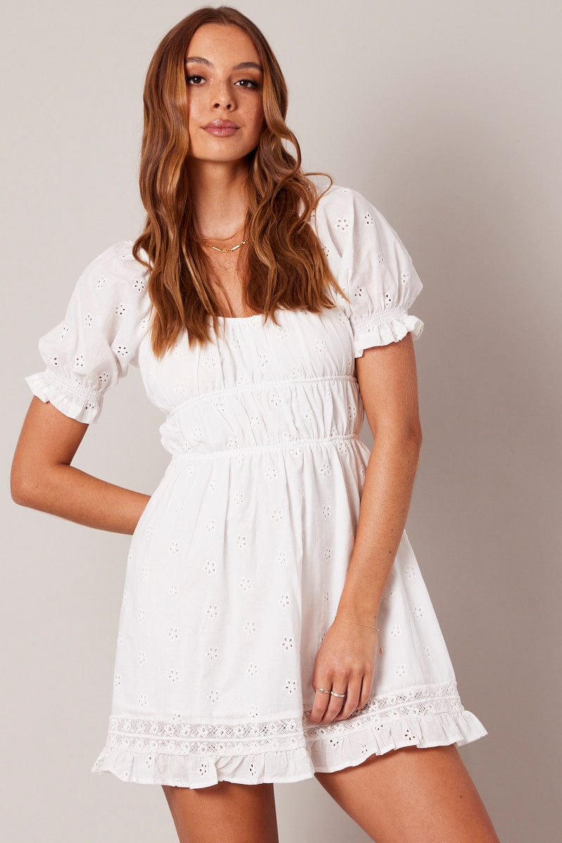 White Fit And Flare Dress Puff Sleeve for Ally Fashion