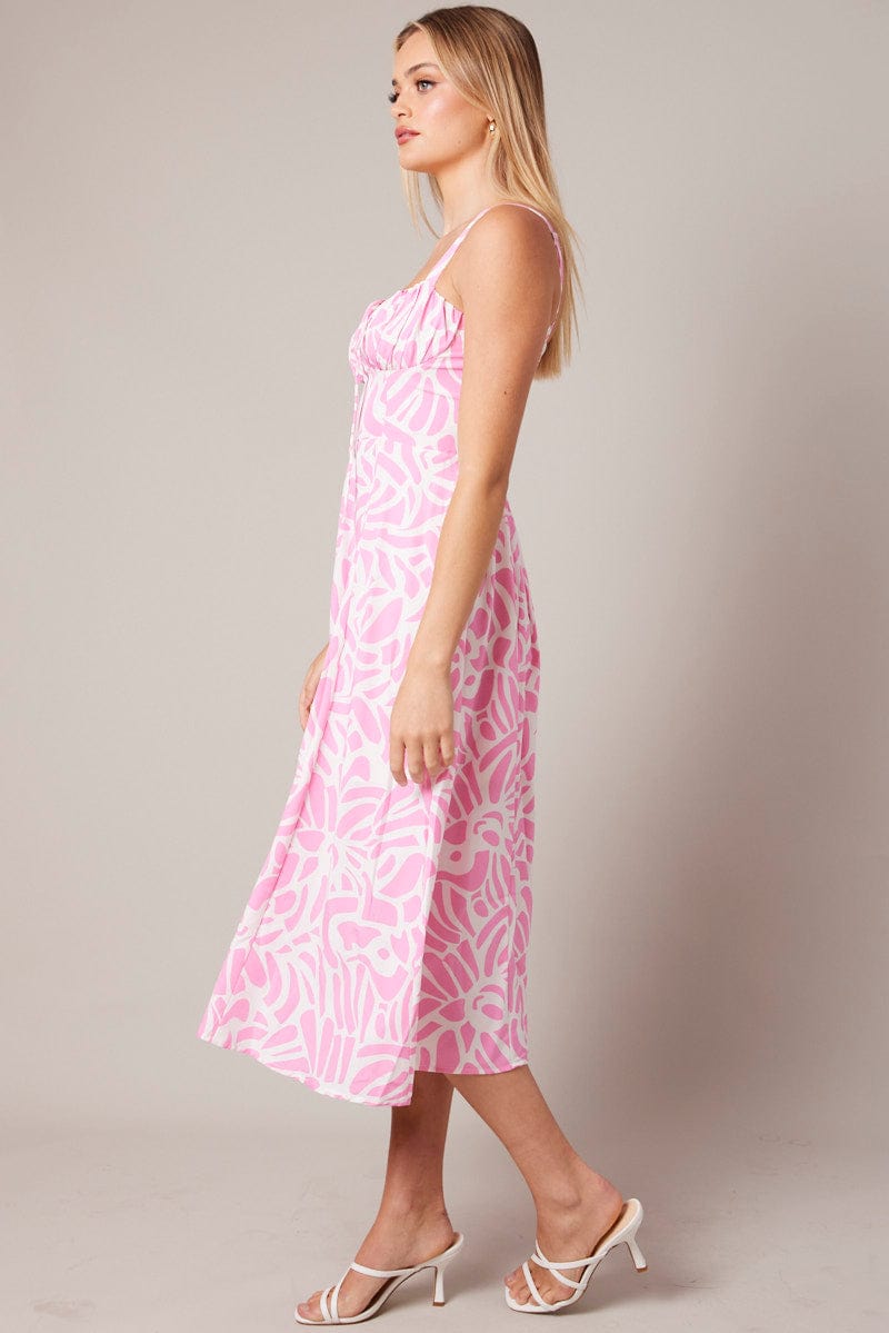 Pink Print Midi Dress Gathered Bust Midi for Ally Fashion