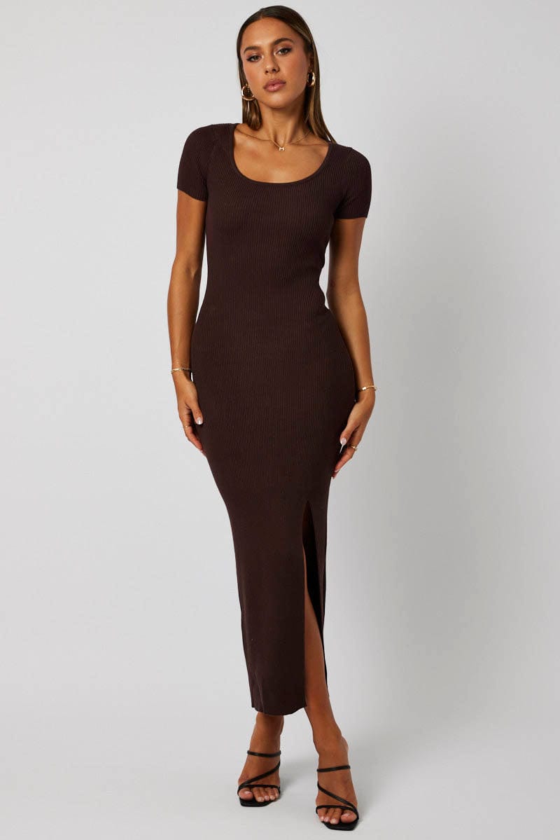 Brown Knit Dress Short Sleeve Bodycon Midi for Ally Fashion