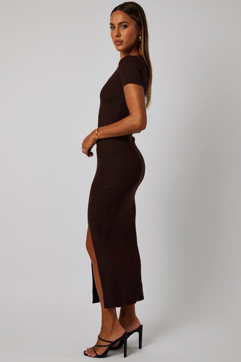 Brown Knit Dress Short Sleeve Bodycon Midi for Ally Fashion