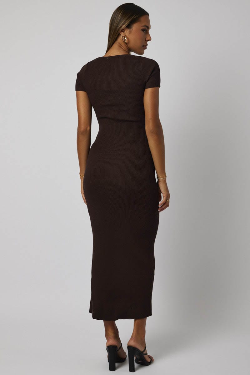 Brown Knit Dress Short Sleeve Bodycon Midi for Ally Fashion