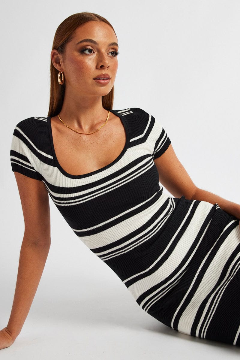 Black Stripe Knit Dress Short Sleeve Bodycon Midi for Ally Fashion