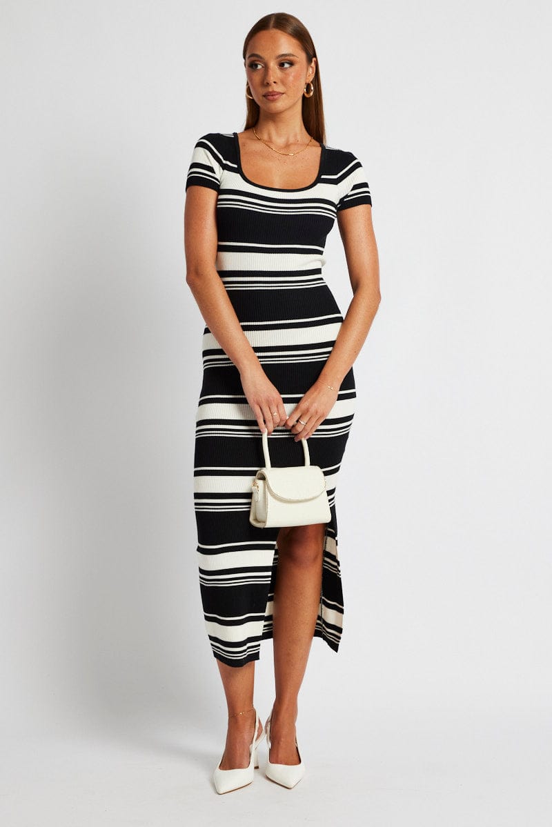 Black Stripe Knit Dress Short Sleeve Bodycon Midi for Ally Fashion