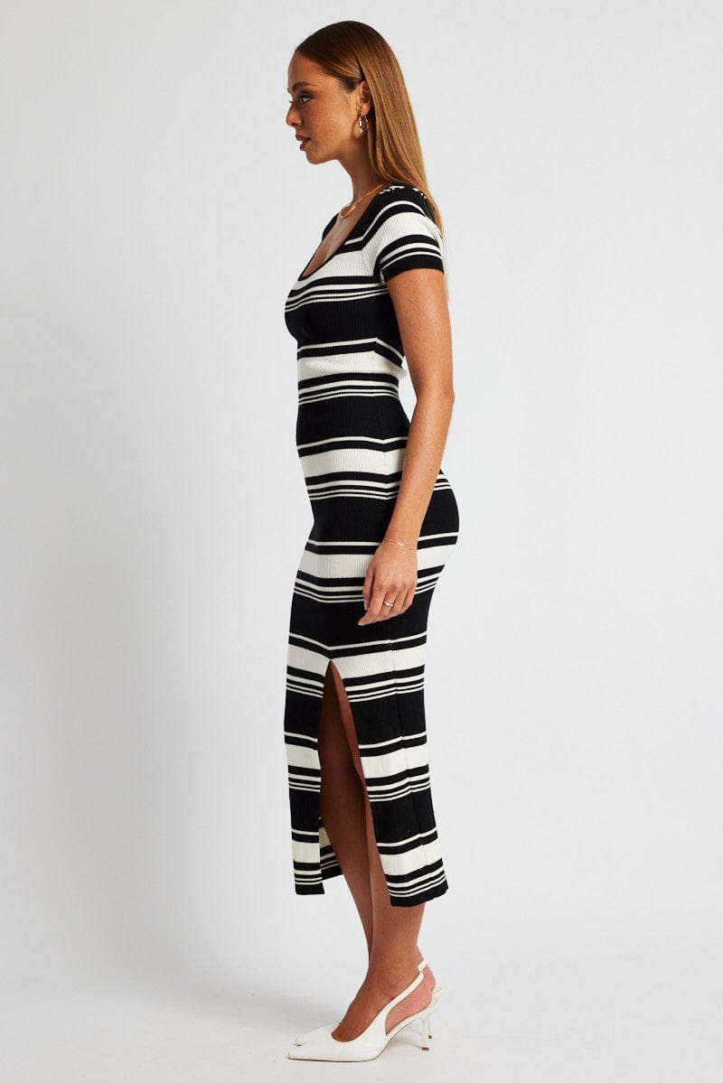 Black Stripe Knit Dress Short Sleeve Bodycon Midi for Ally Fashion