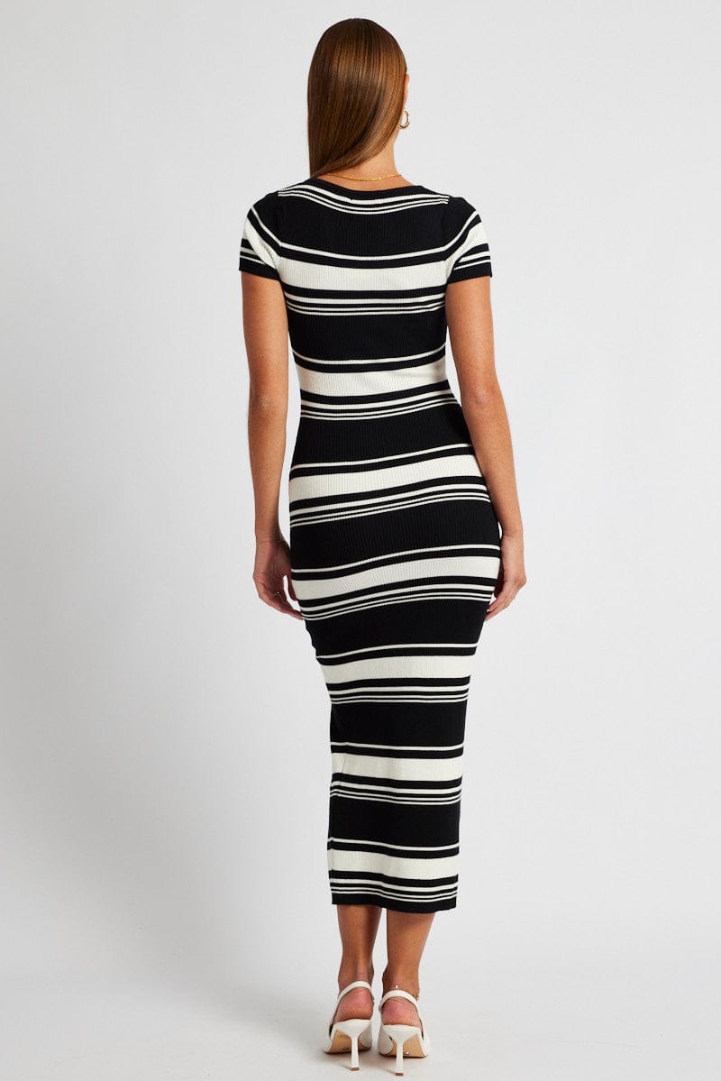 Black Stripe Knit Dress Short Sleeve Bodycon Midi for Ally Fashion