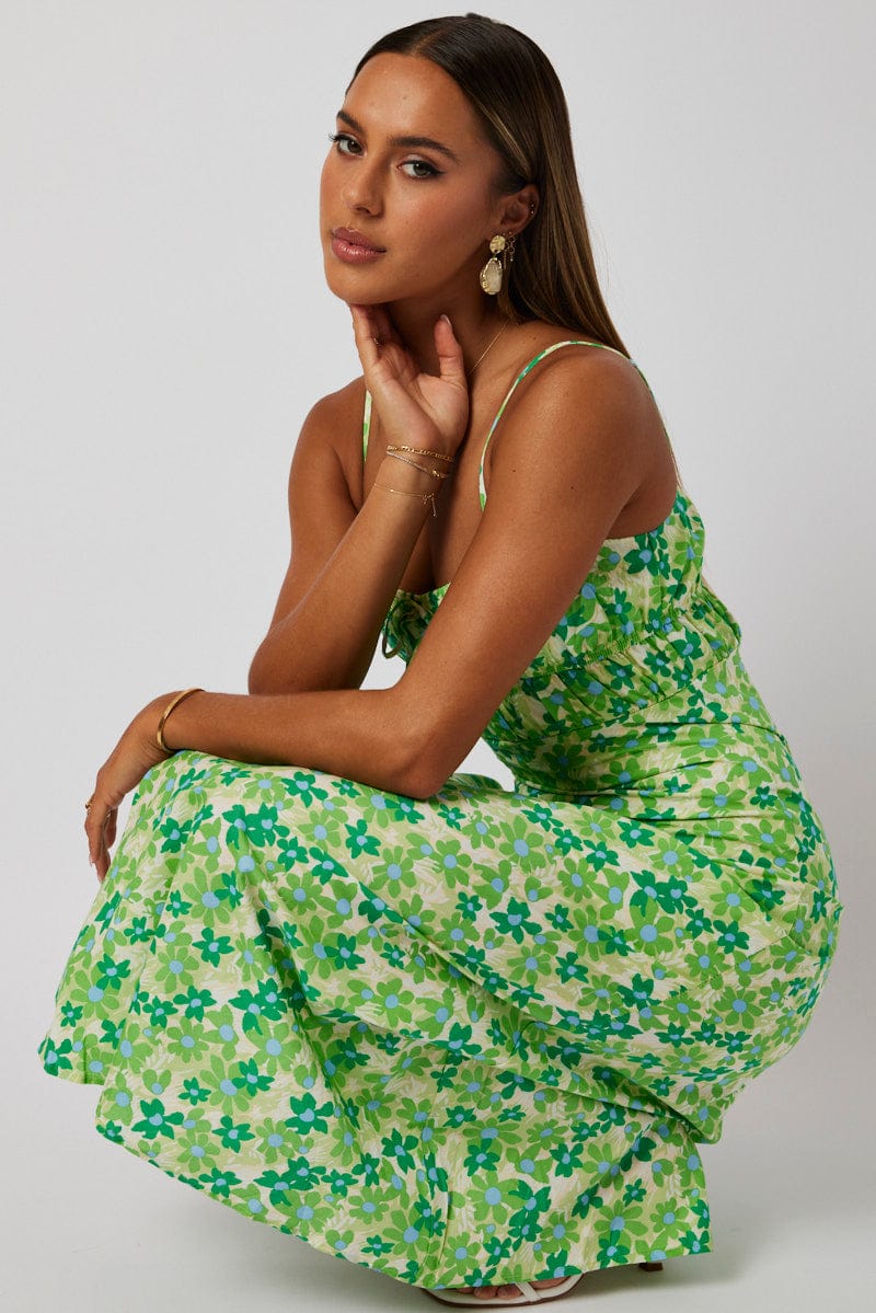 Green Ditsy Maxi Dress Strappy for Ally Fashion