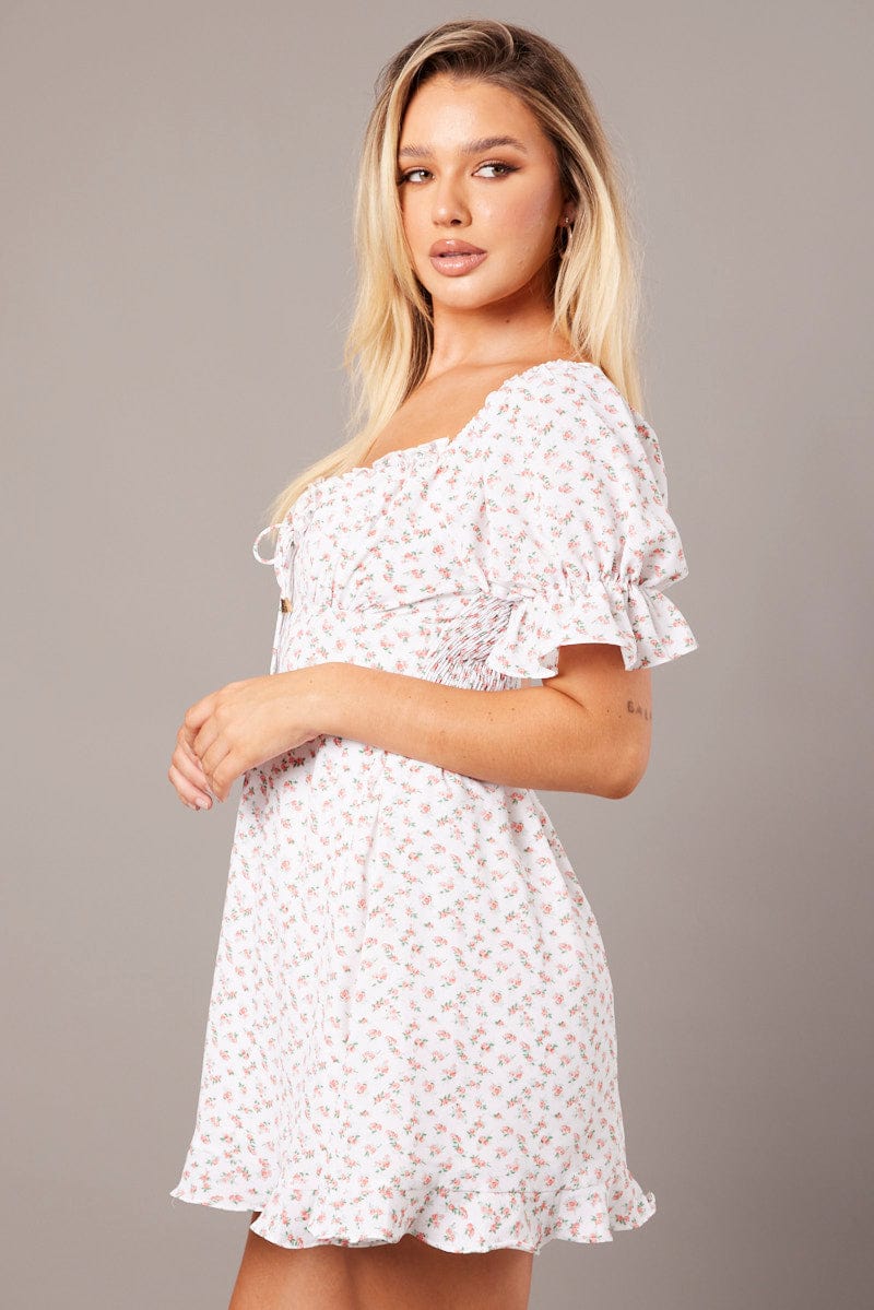 White Floral Fit And Flare Dress Puff Sleeve for Ally Fashion