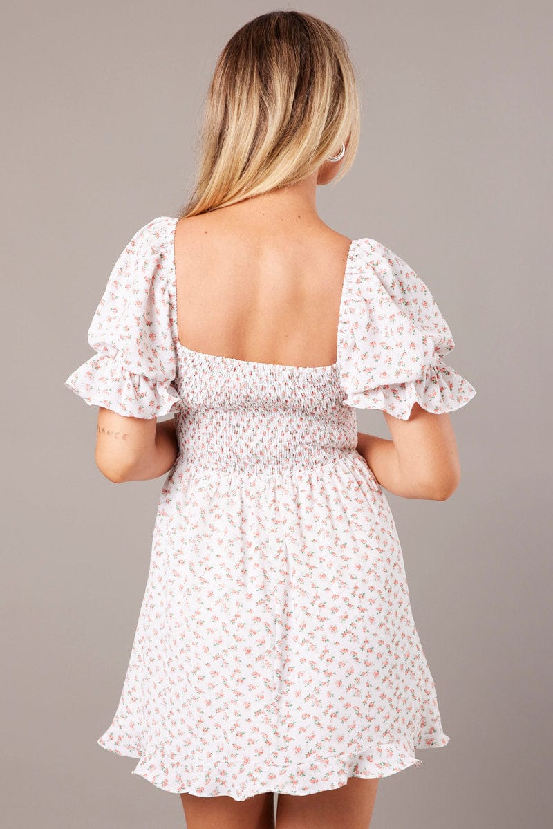 White Floral Fit And Flare Dress Puff Sleeve for Ally Fashion