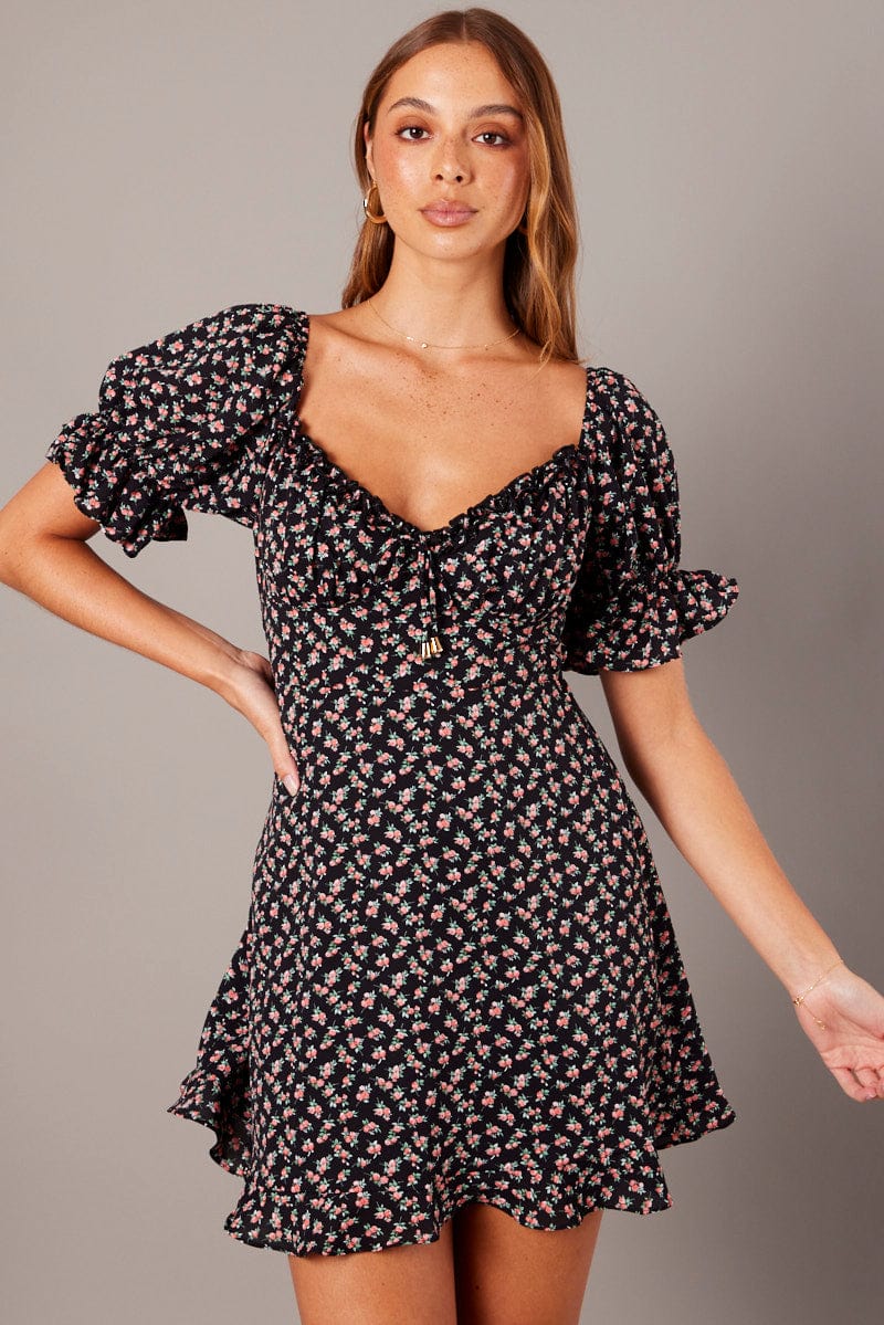 Black Floral Fit And Flare Dress Puff Sleeve for Ally Fashion