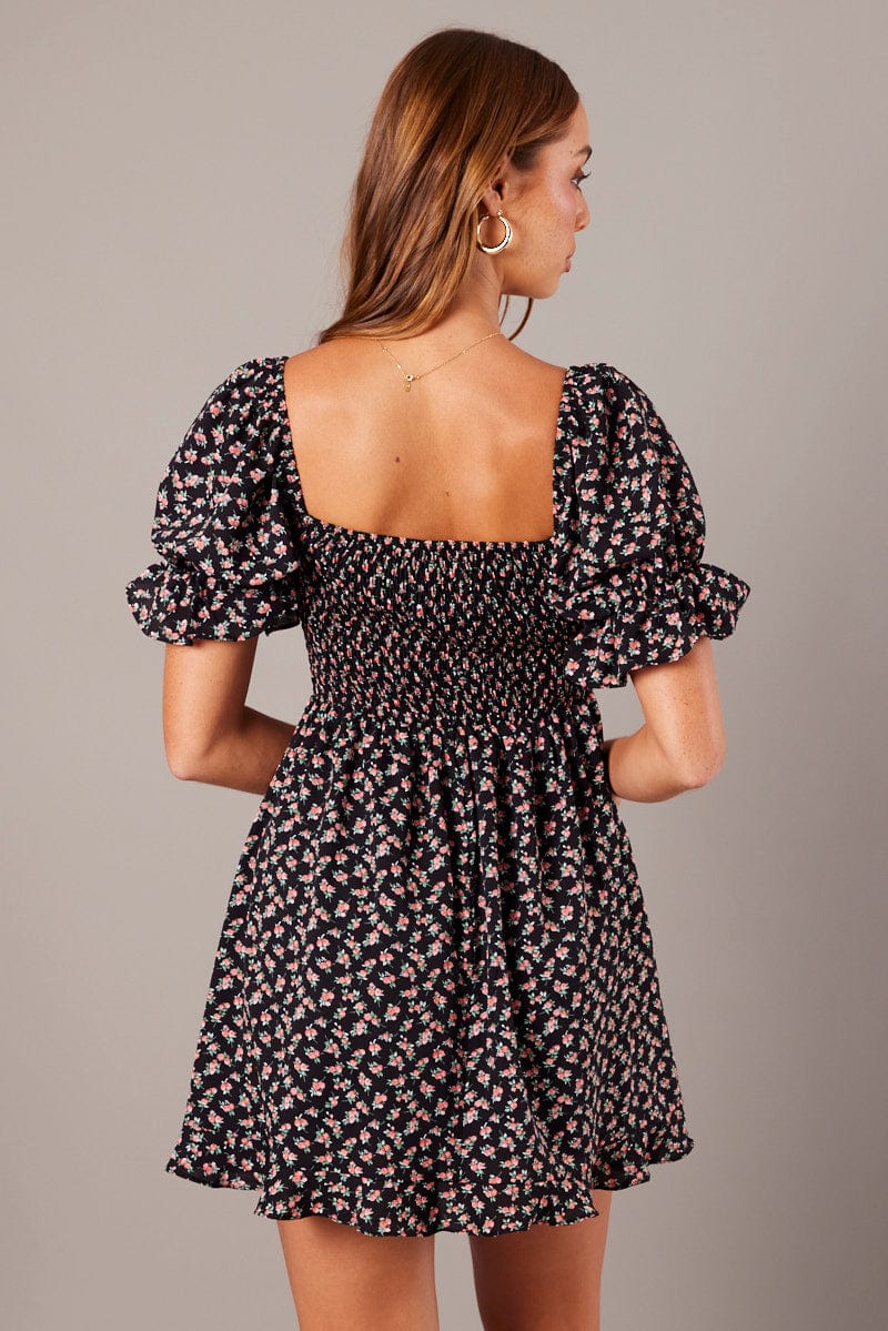 Black Floral Fit And Flare Dress Puff Sleeve for Ally Fashion