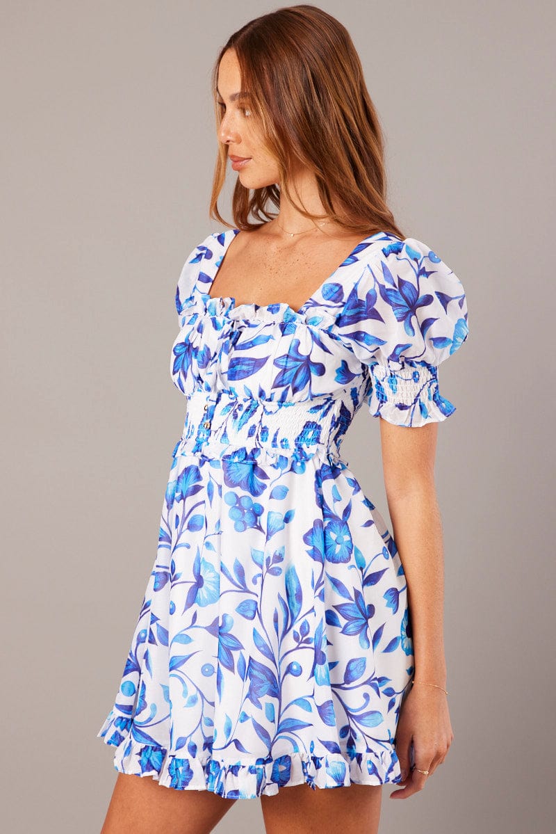 Blue Floral Fit And Flare Dress Puff Sleeve for Ally Fashion