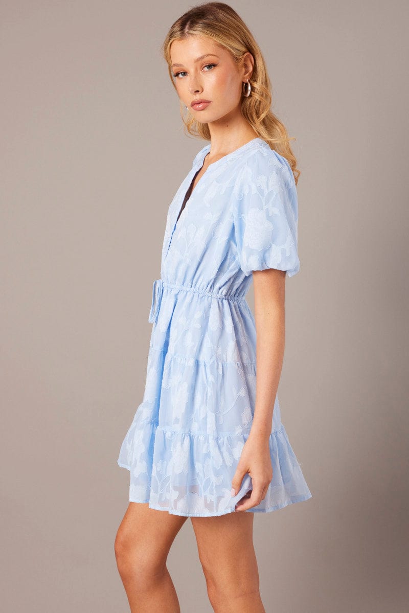 Blue Fit And Flare Dress Puff Sleeve Burnout Fabric for Ally Fashion