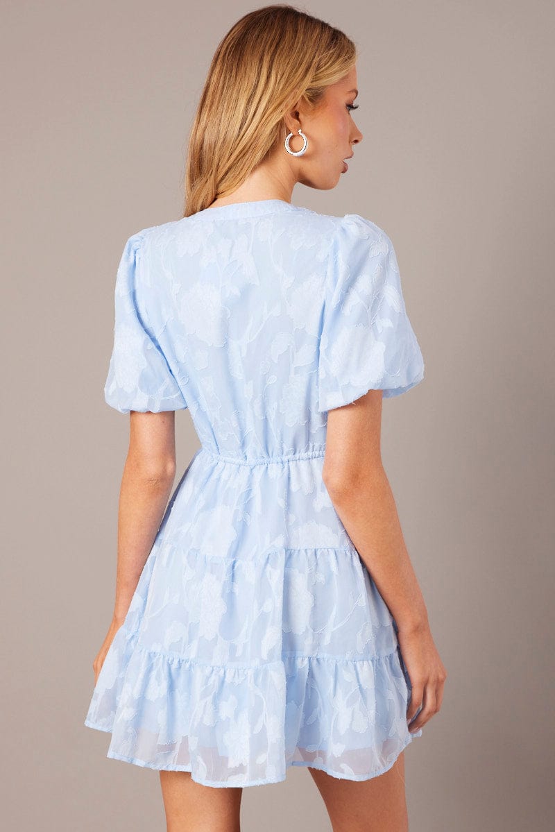 Blue Fit And Flare Dress Puff Sleeve Burnout Fabric for Ally Fashion