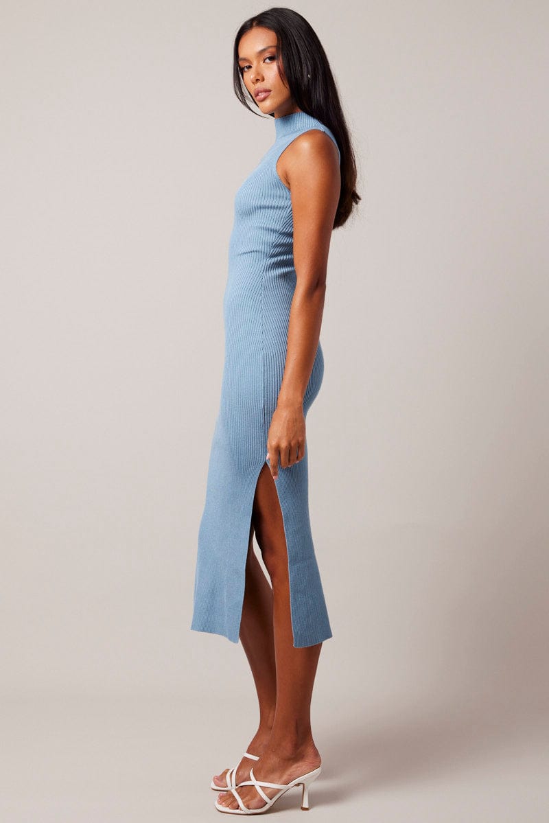 Blue Knit Dress High Neck Midi for Ally Fashion