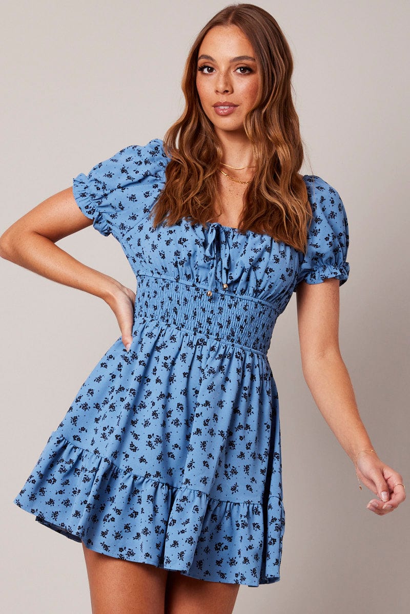 Blue Floral Fit And Flare Dress Puff Sleeve Mini Floral print for Ally Fashion