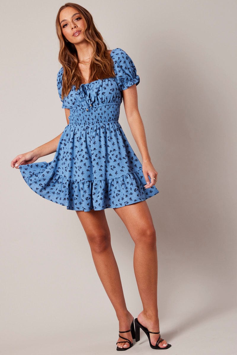 Blue Floral Fit And Flare Dress Puff Sleeve Mini Floral print for Ally Fashion