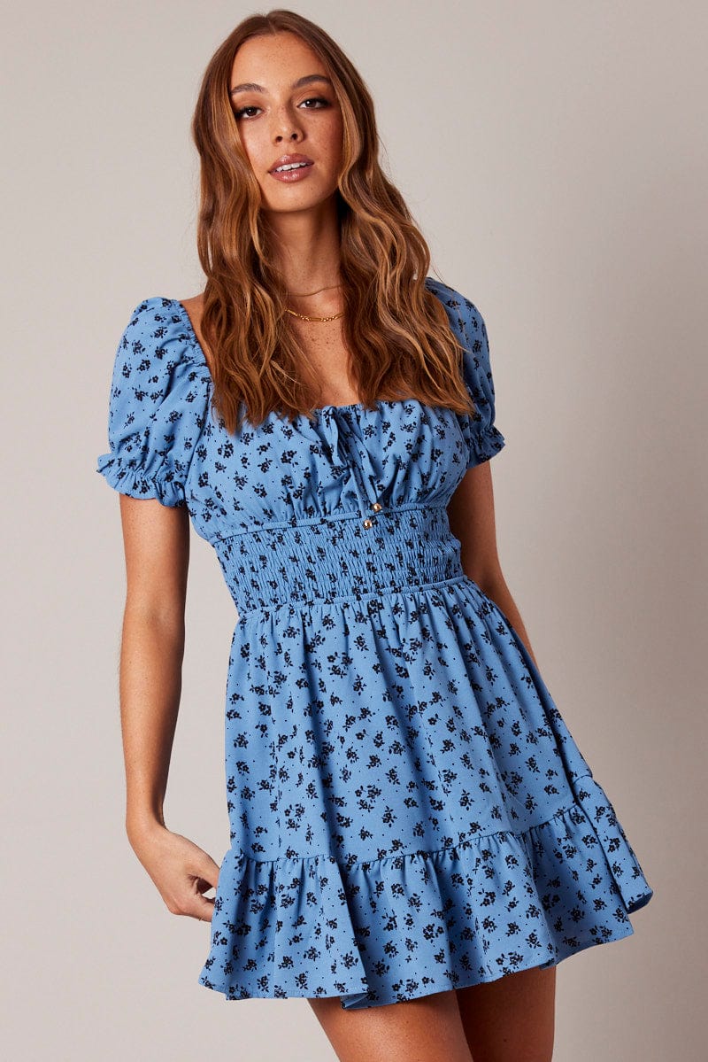 Blue Floral Fit And Flare Dress Puff Sleeve Mini Floral print for Ally Fashion