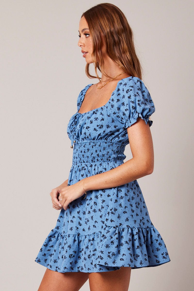 Blue Floral Fit And Flare Dress Puff Sleeve Mini Floral print for Ally Fashion