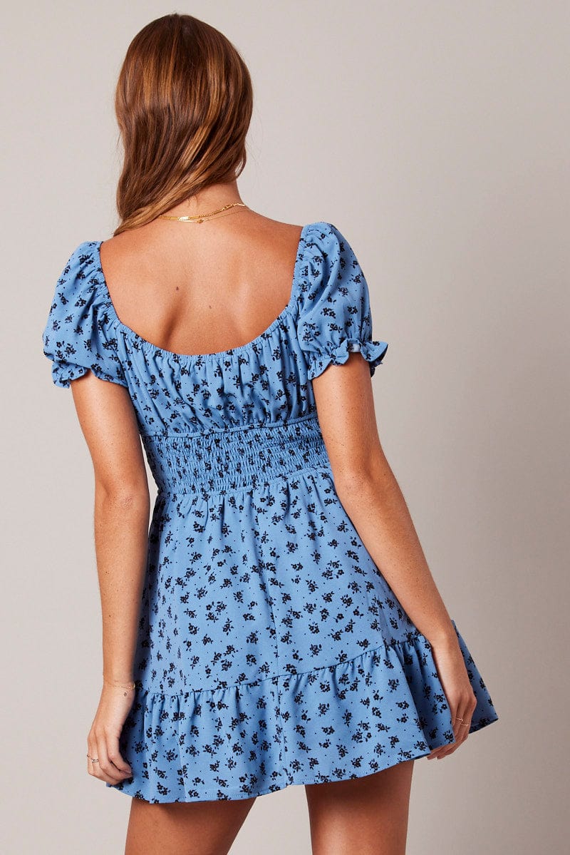Blue Floral Fit And Flare Dress Puff Sleeve Mini Floral print for Ally Fashion