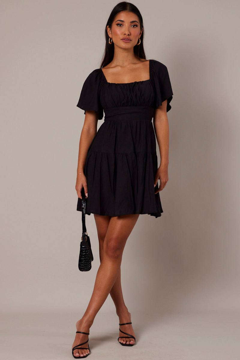 Black Fit And Flare Dress Short Sleeve for Ally Fashion