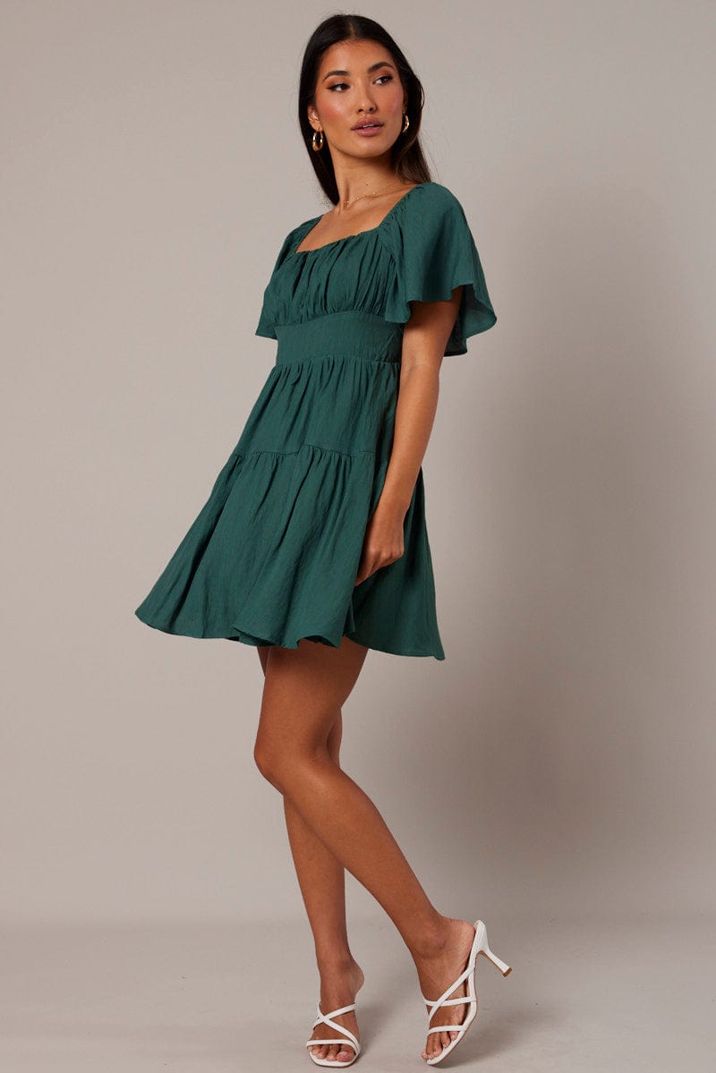 Green Fit And Flare Dress Short Sleeve for Ally Fashion