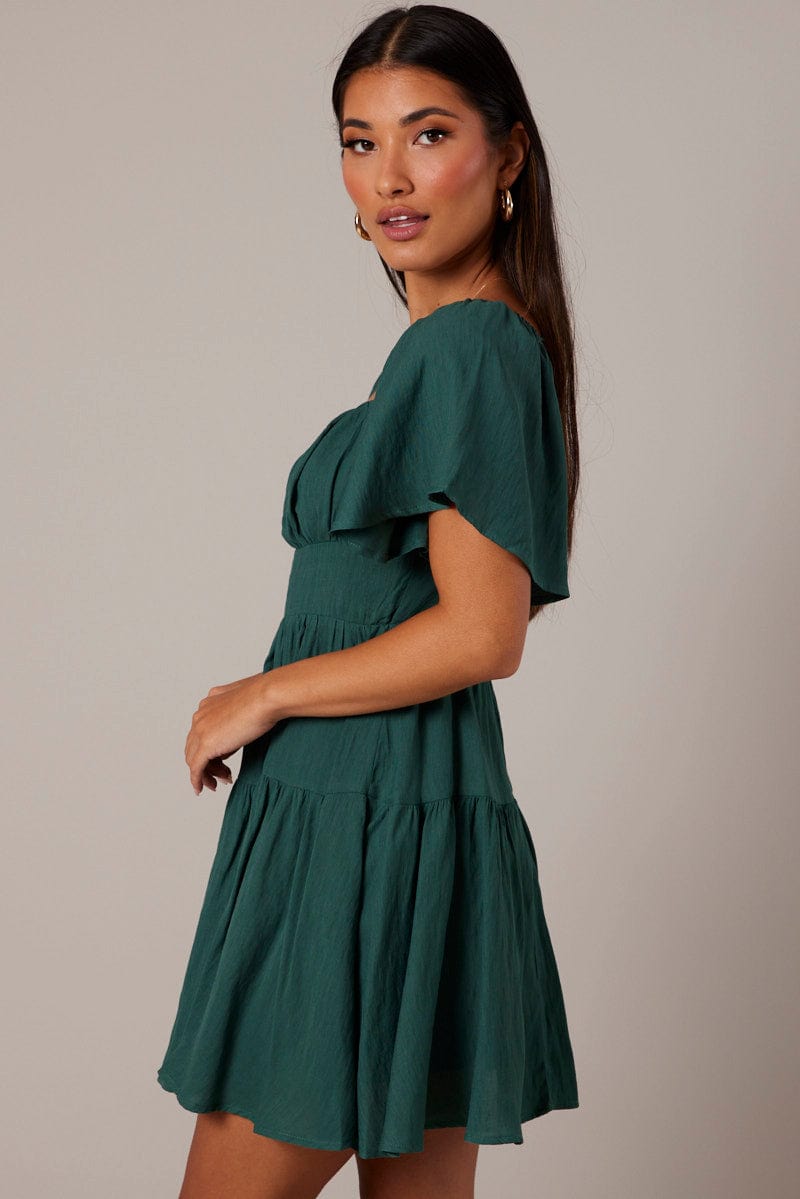 Green Fit And Flare Dress Short Sleeve for Ally Fashion