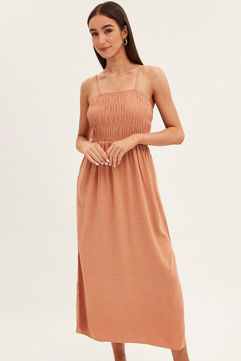 Beige Maxi Dress With Straps Shirring Linen Blend for Ally Fashion