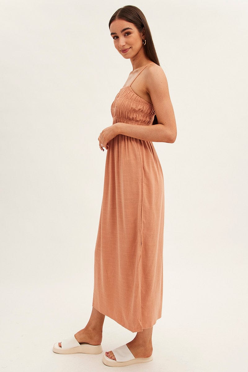 Beige Maxi Dress With Straps Shirring Linen Blend for Ally Fashion