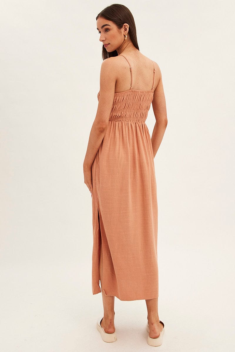 Beige Maxi Dress With Straps Shirring Linen Blend for Ally Fashion