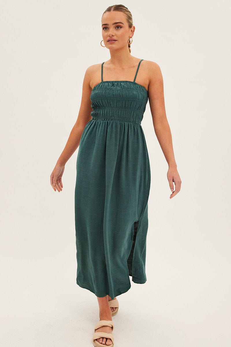 Green Maxi Dress With Straps Shirring Linen Blend for Ally Fashion