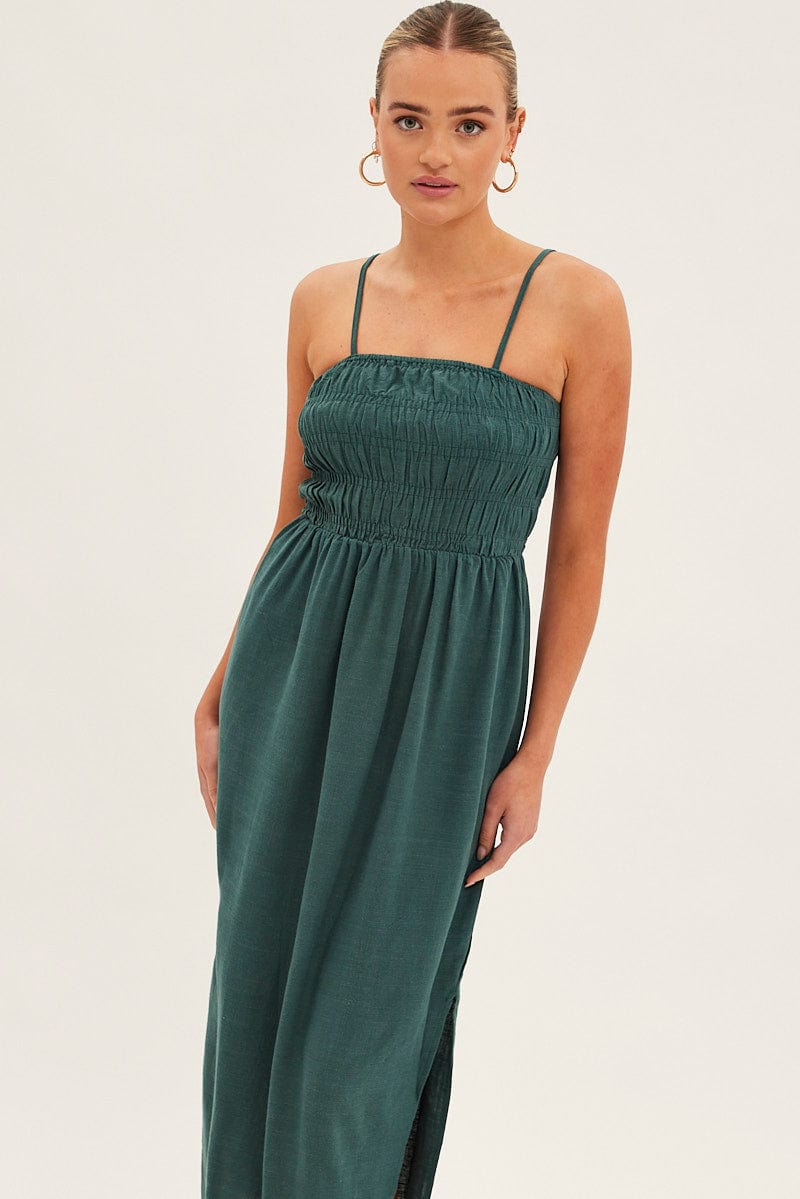 Green Maxi Dress With Straps Shirring Linen Blend for Ally Fashion