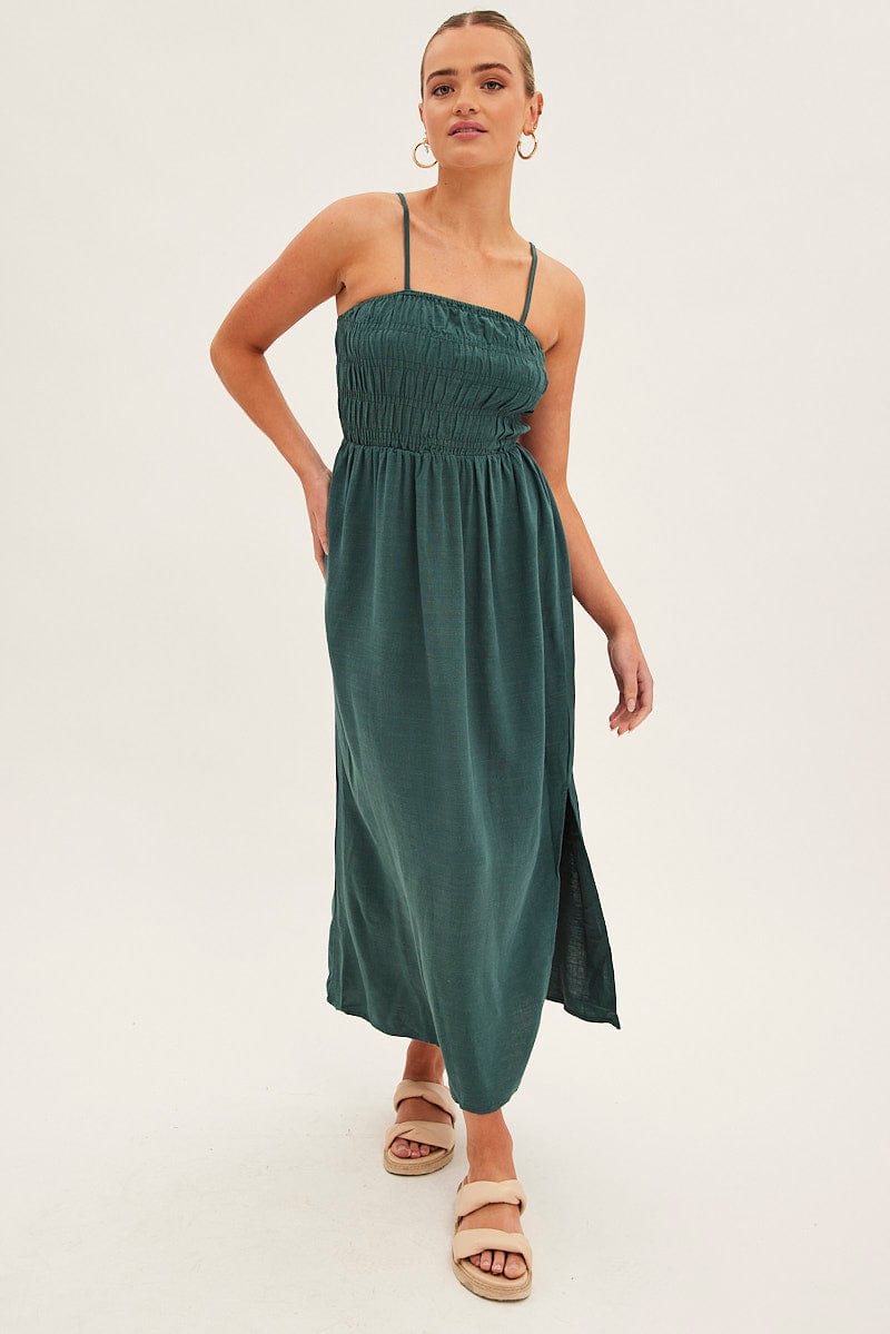 Green Maxi Dress With Straps Shirring Linen Blend for Ally Fashion