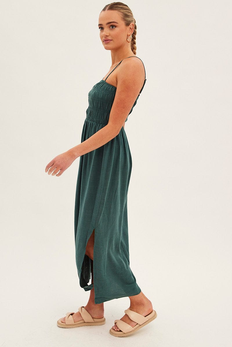 Green Maxi Dress With Straps Shirring Linen Blend for Ally Fashion