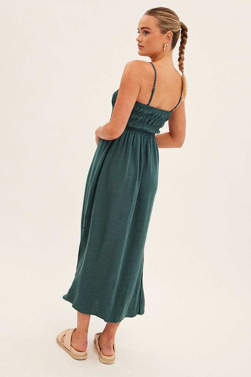 Green Maxi Dress With Straps Shirring Linen Blend for Ally Fashion