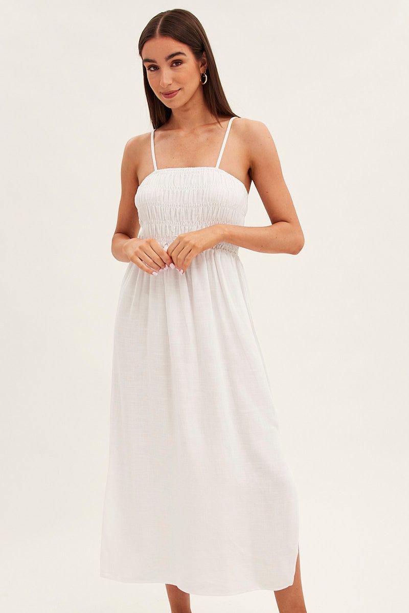 White Maxi Dress With Straps Shirring Linen Blend for Ally Fashion