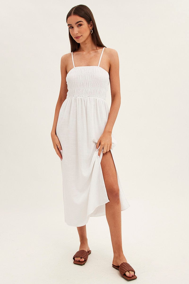 White Maxi Dress With Straps Shirring Linen Blend for Ally Fashion